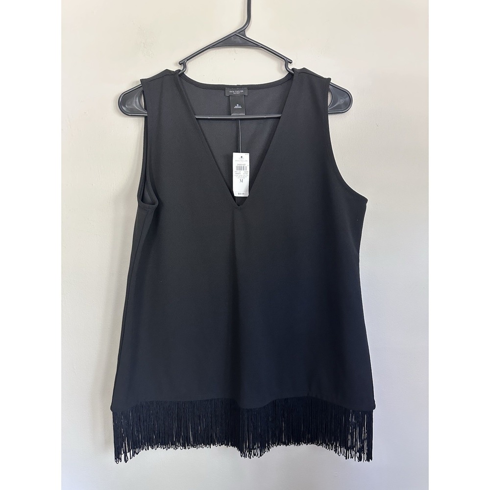 NWT Ann Taylor Classic Black Fringe Hem V-neck Sleeveless Blouse Shirt MEDIUM
